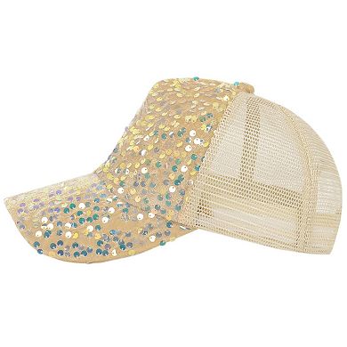 Women's Sparkly Sequin Baseball Cap Messy Low Bun Ponycap Velvet Mesh Trucker Hat