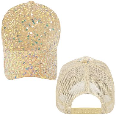 Women's Sparkly Sequin Baseball Cap Messy Low Bun Ponycap Velvet Mesh Trucker Hat