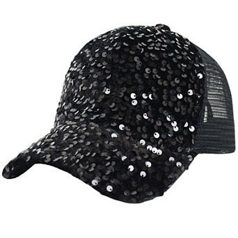 Women's Sparkly Sequin Baseball Cap Messy Low Bun Ponycap Velvet Mesh Trucker Hat