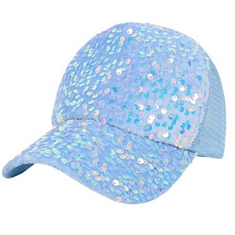 Women's Sparkly Sequin Baseball Cap Messy Low Bun Ponycap Velvet Mesh Trucker Hat
