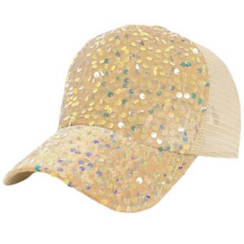 Women's Sparkly Sequin Baseball Cap Messy Low Bun Ponycap Velvet Mesh Trucker Hat