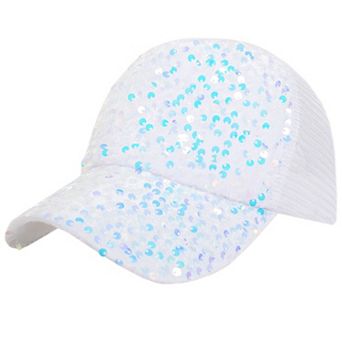 Women's Sparkly Sequin Baseball Cap Messy Low Bun Ponycap Velvet Mesh Trucker Hat