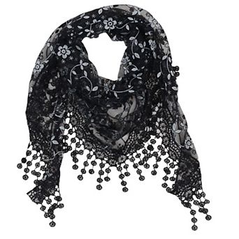 Lightweight Lace Floral Head Scarf Fringe Triangular Shawl Scarf Wrap Bandana for Women