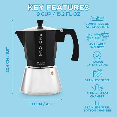 GROSCHE MILANO Induction Stovetop Espresso 9-Cup Stainless Steel Moka Pot Coffee Maker