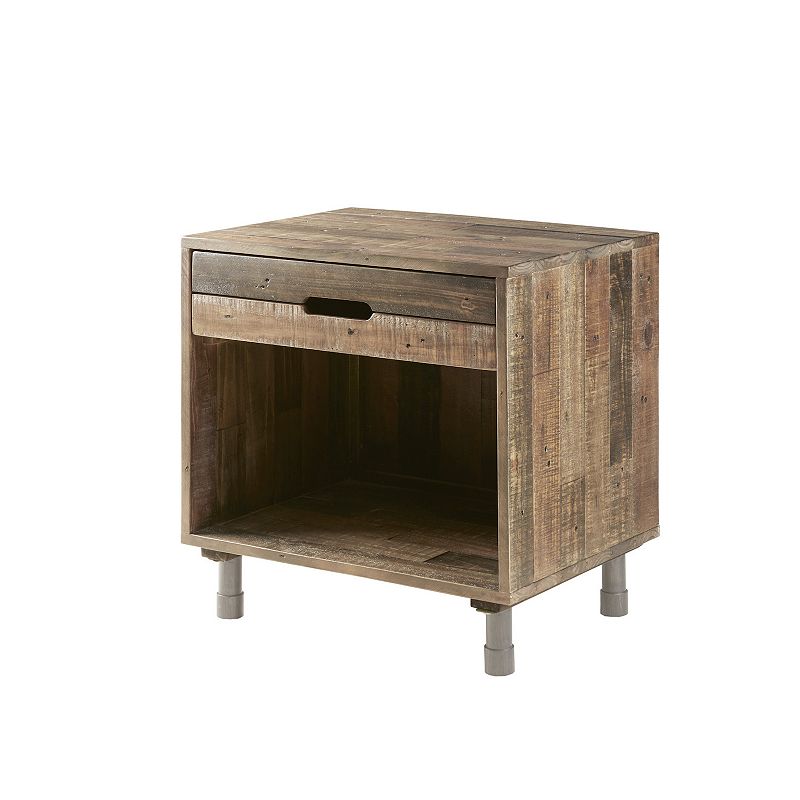 Ink+Ivy Renu Solid Wood Nightstand Natural: Industrial Style, Distressed Finish, Metal Legs, Storage Drawer & Shelf