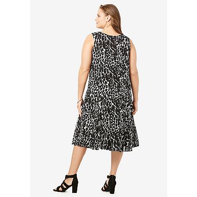 Roaman's Women's Plus Size Hand-Crinkled A-Line Dress With Tassel Ties