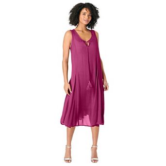 Roaman's Women's Plus Size Hand-Crinkled A-Line Dress With Tassel Ties