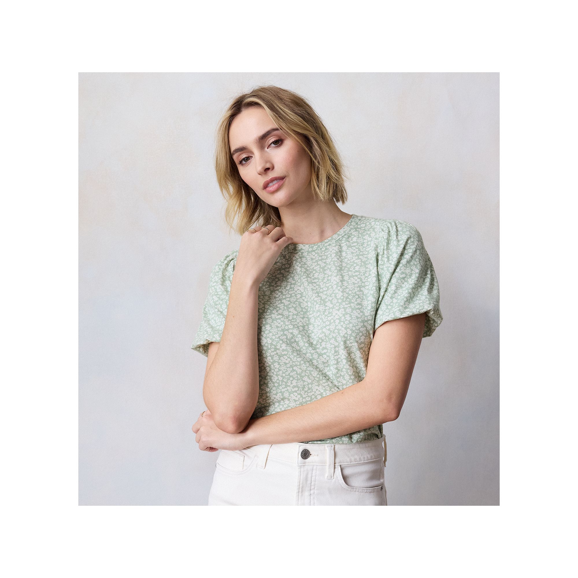Womens LC Lauren Conrad Bubble Sleeve Top, Size: XS, Lt Green Kendra Ditzy