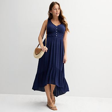 Juniors' Rewind Button Front Hi Low Maxi Dress