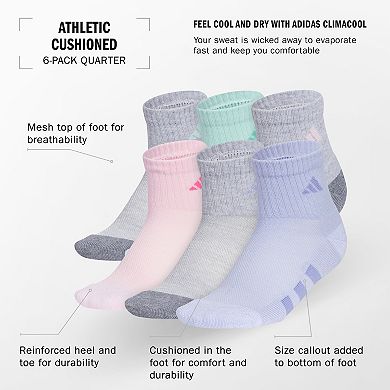 adidas Girls' Athletic Cushioned 6-Pack Quarter Socks