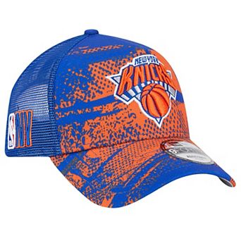Men's New Era Blue/Orange New York Knicks Tip Off A-Frame Trucker 9FORTY Adjustable Hat