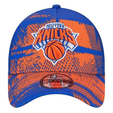 Men's New Era Blue/Orange New York Knicks Tip Off A-Frame Trucker 9FORTY Adjustable Hat