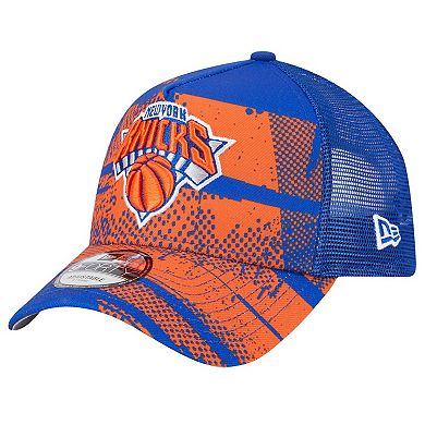 Men's New Era Blue/Orange New York Knicks Tip Off A-Frame Trucker 9FORTY Adjustable Hat