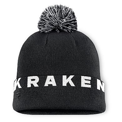 Men's Fanatics Black Seattle Kraken Fundamental High Stick Cuffed Knit Hat with Pom
