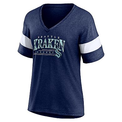 Women's Fanatics Heather Deep Sea Blue Seattle Kraken Clapper V-Neck Half-Sleeve T-Shirt