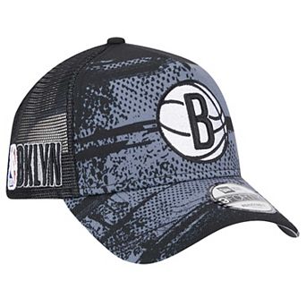 Men's New Era Black/Charcoal Brooklyn Nets Tip Off A-Frame Trucker 9FORTY Adjustable Hat