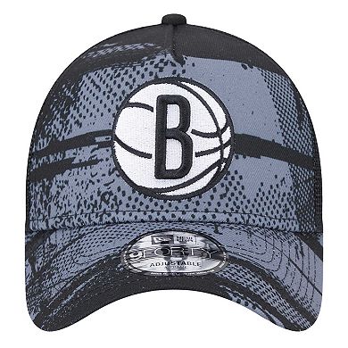 Men's New Era Black/Charcoal Brooklyn Nets Tip Off A-Frame Trucker 9FORTY Adjustable Hat