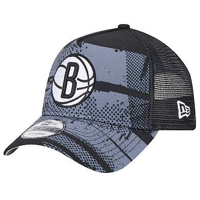 Men's New Era Black/Charcoal Brooklyn Nets Tip Off A-Frame Trucker 9FORTY Adjustable Hat