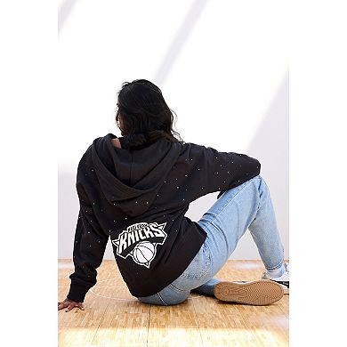 Women's Terez Black New York Knicks Oversized Allover Gemstone Full-Zip Hoodie