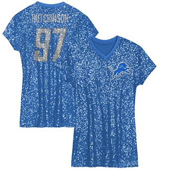 Girls Youth Aidan Hutchinson Blue Detroit Lions Sequin Player Name & Number V-Neck Dress