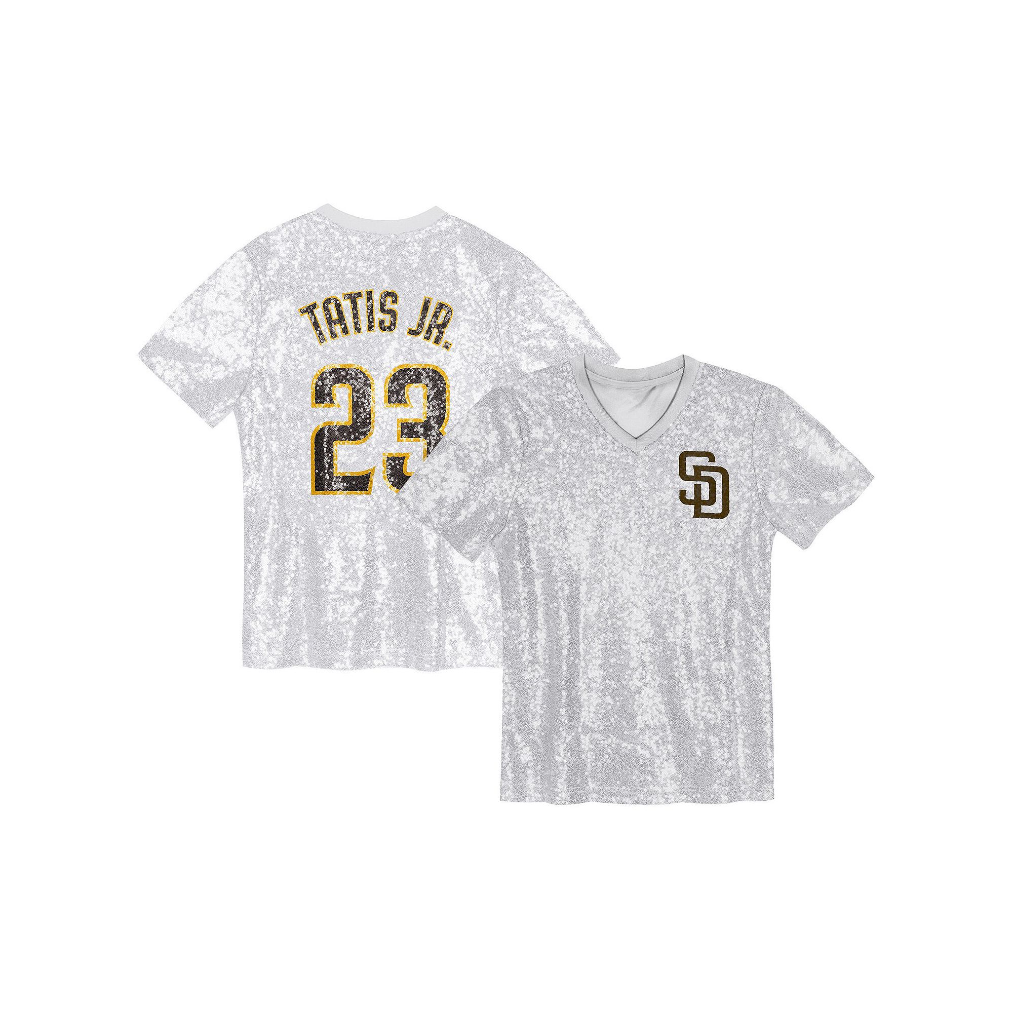 Juniors Fernando Tatis Jr. White San Diego Padres Name & Number Sequin V-Ne