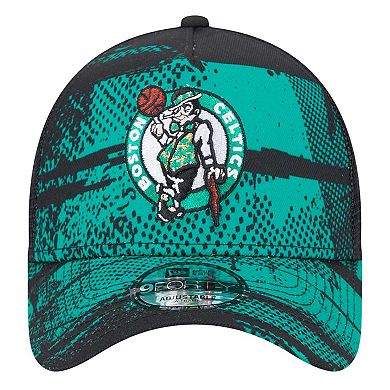 Men's New Era Black/Kelly Green Boston Celtics Tip Off A-Frame Trucker 9FORTY Adjustable Hat