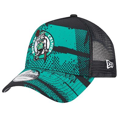 Men's New Era Black/Kelly Green Boston Celtics Tip Off A-Frame Trucker 9FORTY Adjustable Hat