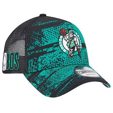 Men's New Era Black/Kelly Green Boston Celtics Tip Off A-Frame Trucker 9FORTY Adjustable Hat