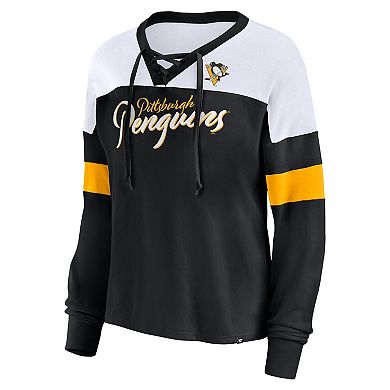 Women's Fanatics Black Pittsburgh Penguins Take the Shot Long Sleeve Lace-Up V-Neck T-Shirt
