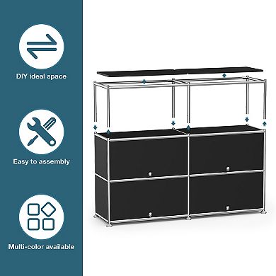 Modern Modular Metal Sideboard, 4-Tier Grid Storage Cabinet Buffet with 4 Drop-Down Doors