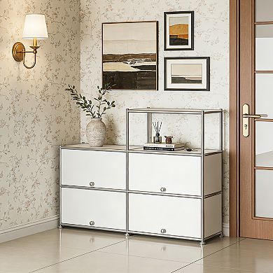 Modern Modular Metal Sideboard, 4-Tier Grid Storage Cabinet Buffet with 4 Drop-Down Doors