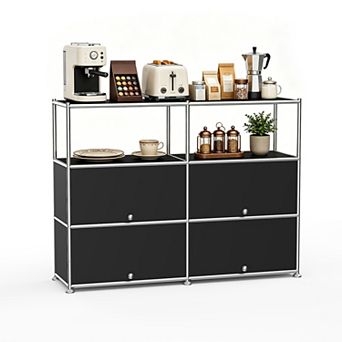 Modern Modular Metal Sideboard, 4 tier Grid Storage Cabinet Buffet with 4 Drop-Down Doors