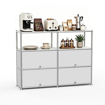 Modern Modular Metal Sideboard, 4 tier Grid Storage Cabinet Buffet with 4 Drop-Down Doors