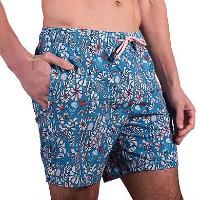 Men's Beach Bros 6.5-Inch Blue Floral Print 4-Way Stretch Mesh Lined Swim Trunks