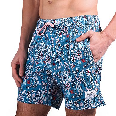 Men's Beach Bros 6.5-Inch Blue Floral Print 4-Way Stretch Mesh Lined Swim Trunks