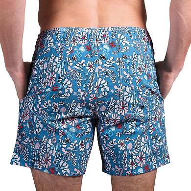 Men's Beach Bros 6.5-Inch Blue Floral Print 4-Way Stretch Mesh Lined Swim Trunks