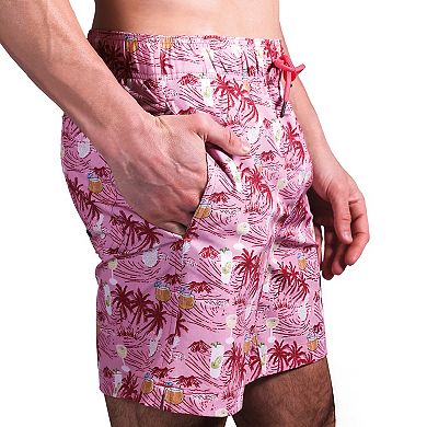 Men's Beach Bros 6.5-Inch Pink Tropical Print 4-Way Stretch Mesh Lined Swim Trunks