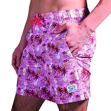 Men's Beach Bros 6.5-Inch Pink Tropical Print 4-Way Stretch Mesh Lined Swim Trunks