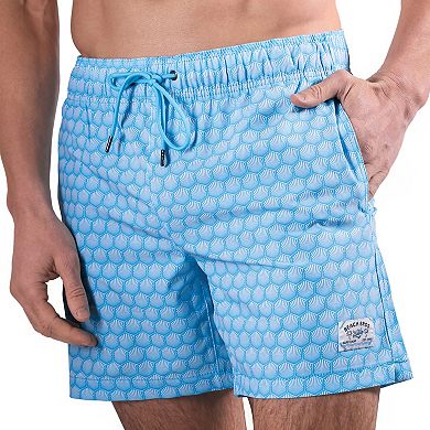 Men's Beach Bros 6.5-Inch Blue Shell Print 4-Way Stretch Mesh Lined Swim Trunks