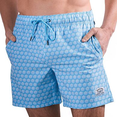 Men's Beach Bros 6.5-Inch Blue Shell Print 4-Way Stretch Mesh Lined Swim Trunks