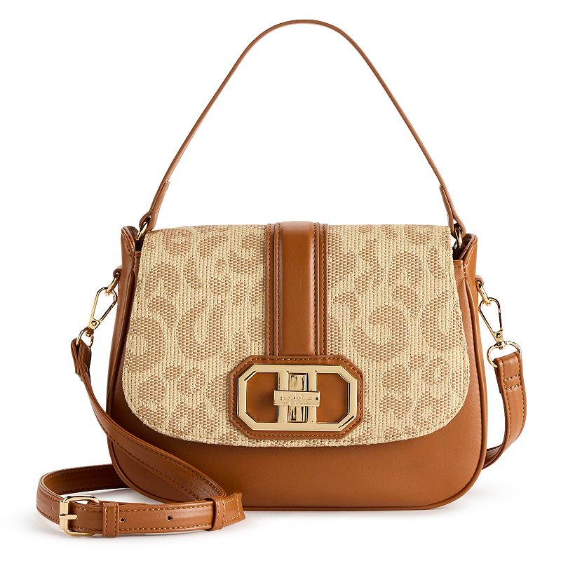 Nicole Miller Leopard Print Straw Shoulder Flap Crossbody Bag, Leopard Brown