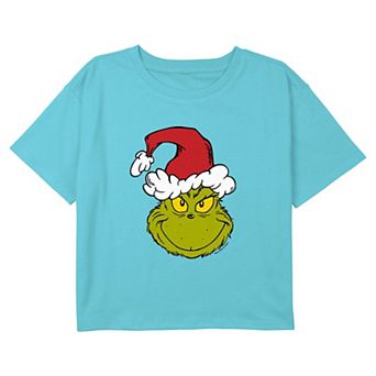 Girls 7-16 Dr. Seuss Grinch Wearing Santa Hat Cropped Graphic Tee