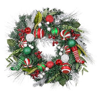 Merry and Bright Bold Christmas Sparkling Wreath, Red and Green Onrament Baubles and Stocking Decor