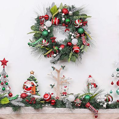 Merry and Bright Bold Christmas Sparkling Wreath, Red and Green Onrament Baubles and Stocking Decor