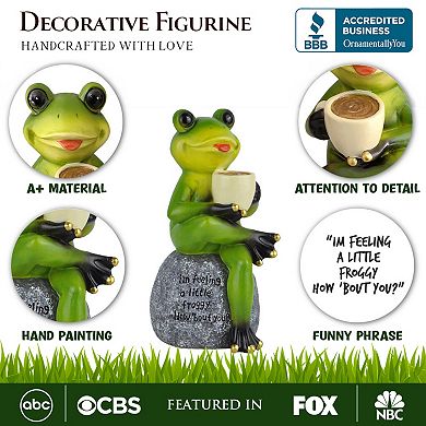 Coffee Drinking Frog Garden Statue with Funny Quote