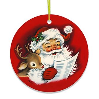 Santa and Baby Reindeer Singing a Christmas Carol Ornament