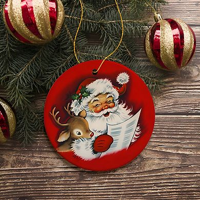 Santa and Baby Reindeer Singing a Christmas Carol Ornament