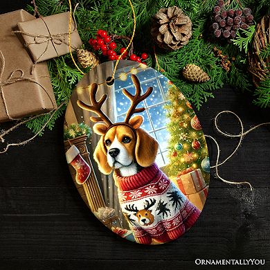 Cozy Fireplace Beagle Ornament, Snuggly Canine Christmas Gift and Decor, Oval