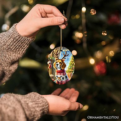 Cozy Fireplace Beagle Ornament, Snuggly Canine Christmas Gift and Decor, Oval