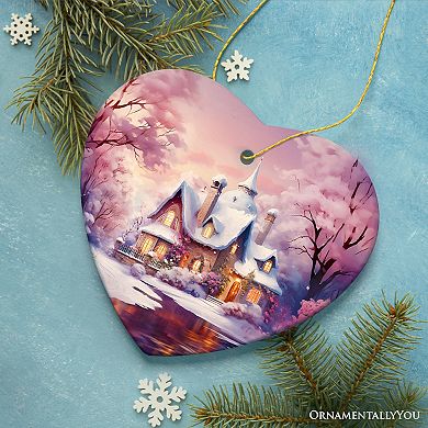 Picturesque Snowy Evening House Illustration Christmas Ornament, Peaceful Home Decoration, Heart
